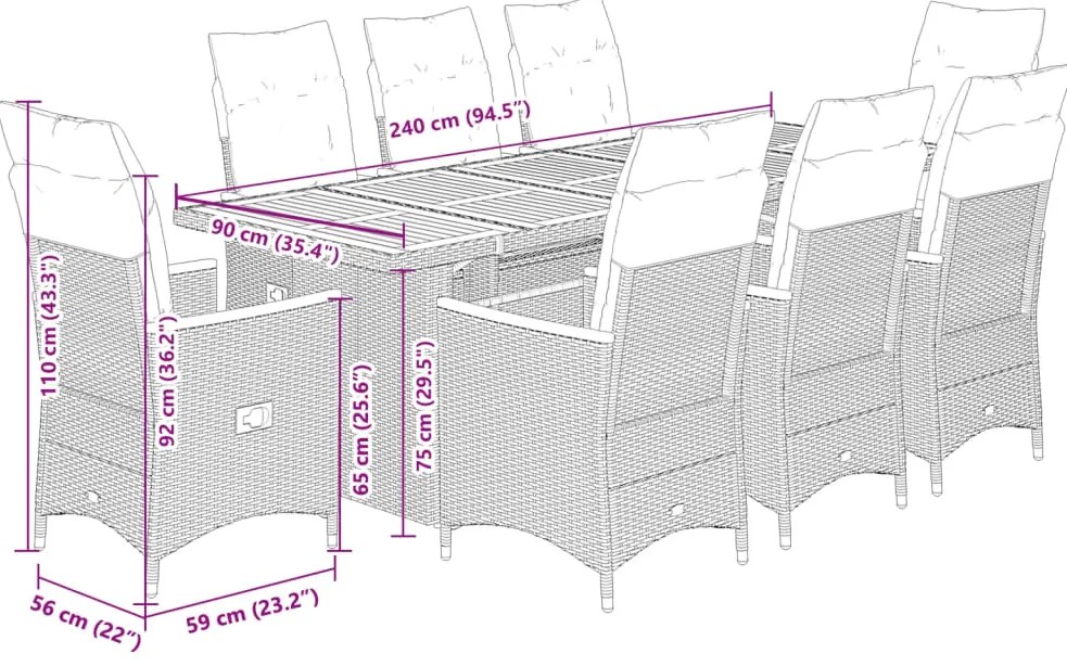 9 pcs conjunto de bistrô p/ jardim c/ almofadões vime PE preto