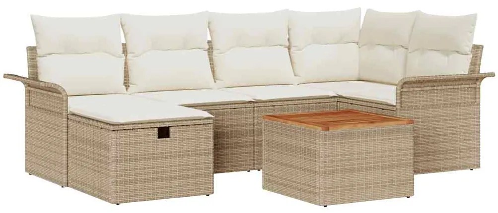 Conjunto de Sofá de Jardim 7 Peças com Almofadas Bege Rattan PE
