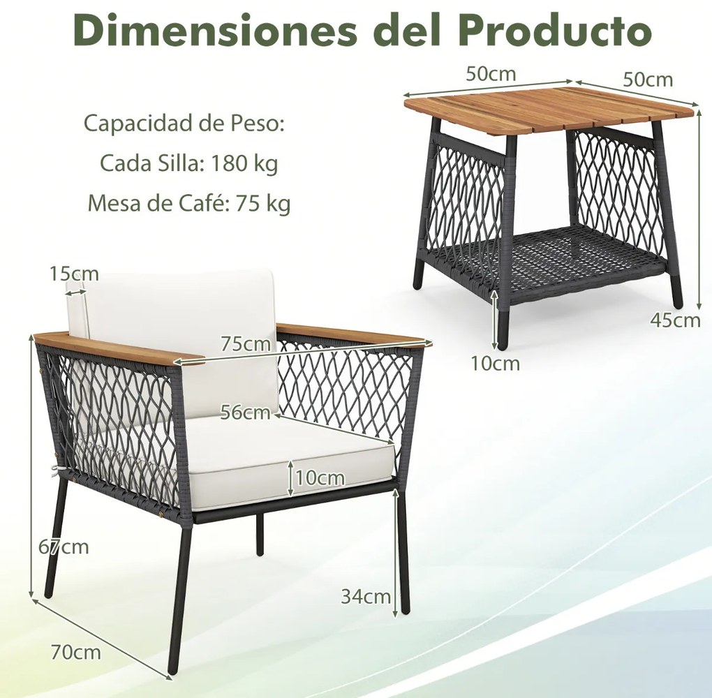 Conjunto de móveis de jardim de 3 peças 2 cadeiras de rattan com mesa de café Tampo de mesa em madeira de acácia Almofadas para exterior Jardim branco