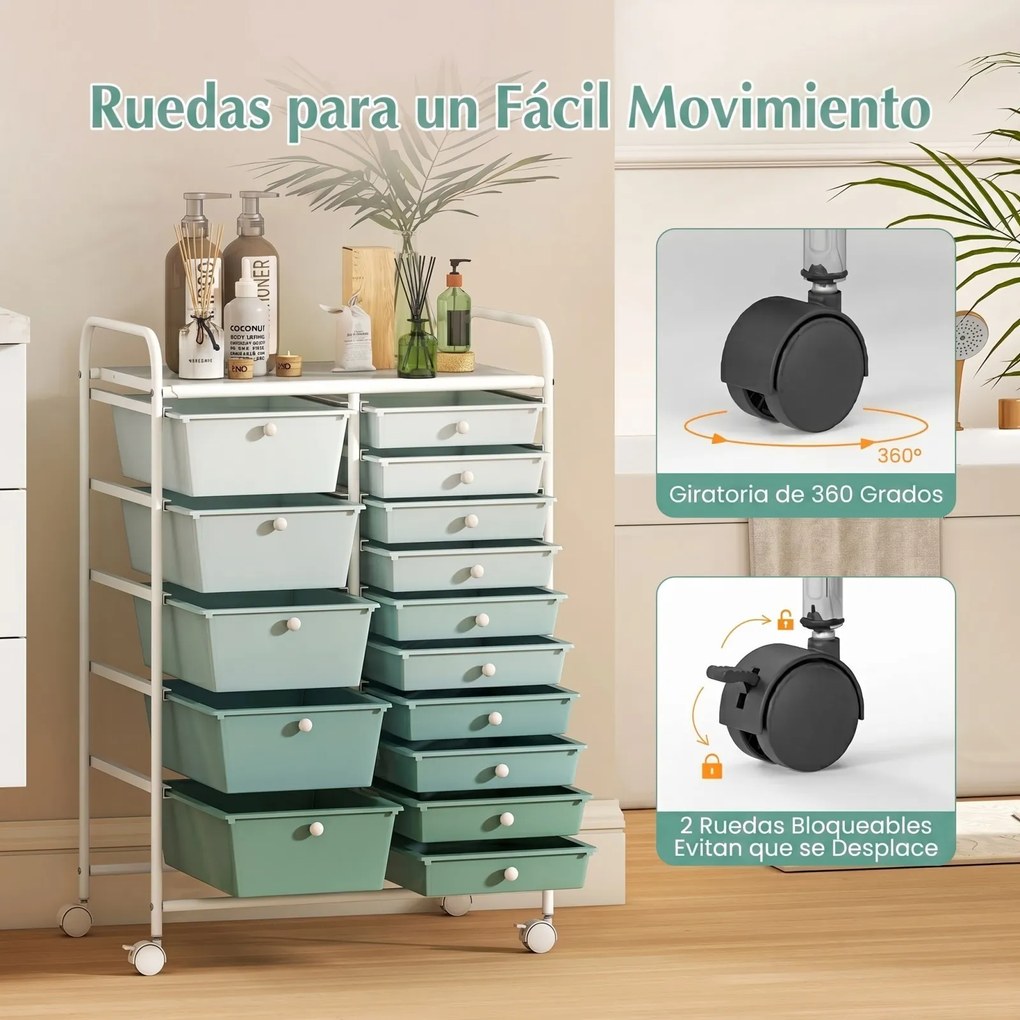 Carrinho de Arrumação, 63 x 37 x 87 cm, 15 Gavetas Removíveis, Verde