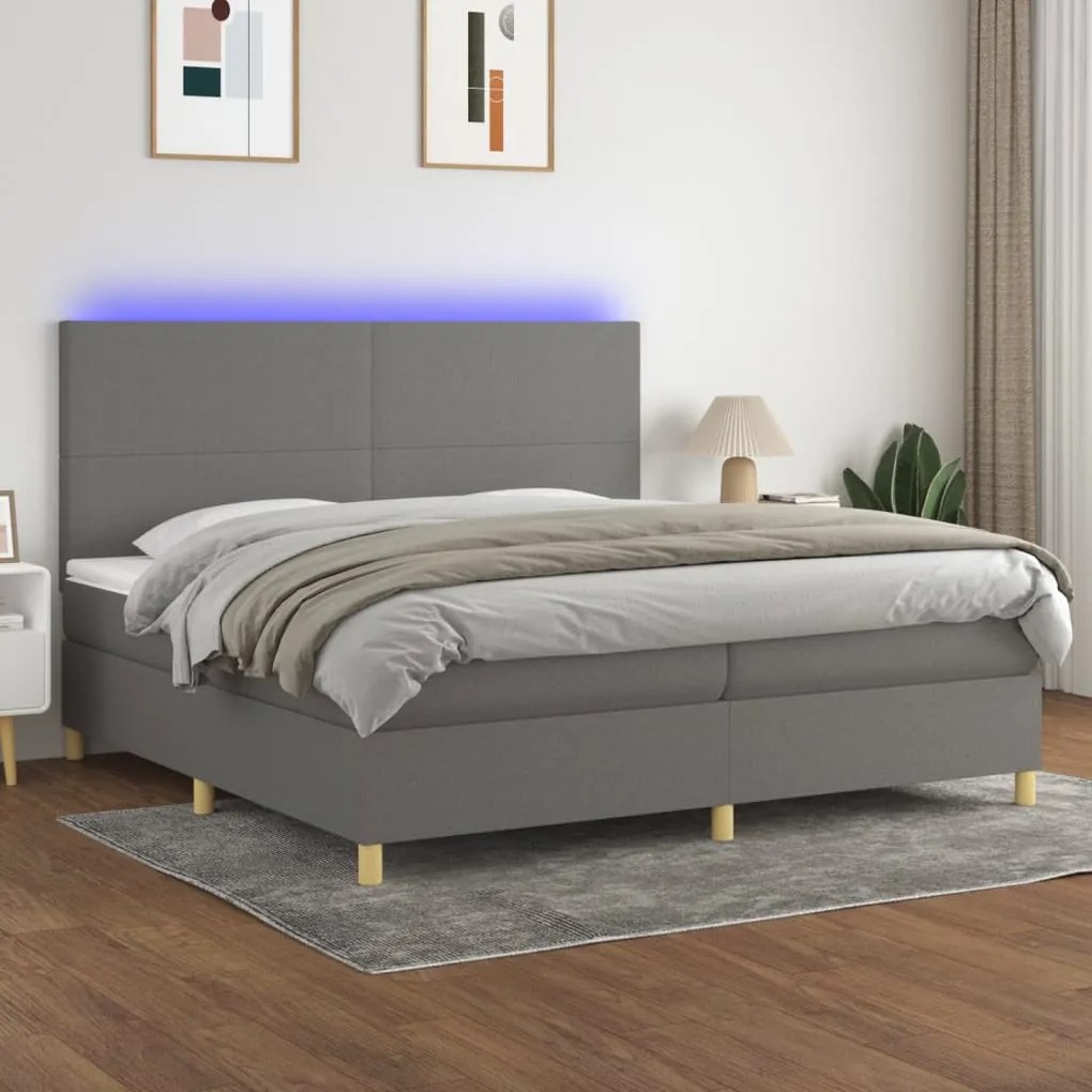 Cama box spring c/ colchão e LED 200x200 cm tecido cinza-escuro