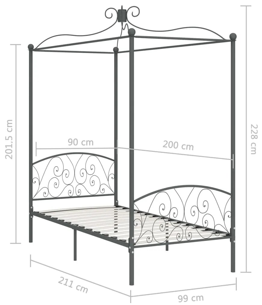 Estrutura de cama com dossel 90x200 cm metal cinzento