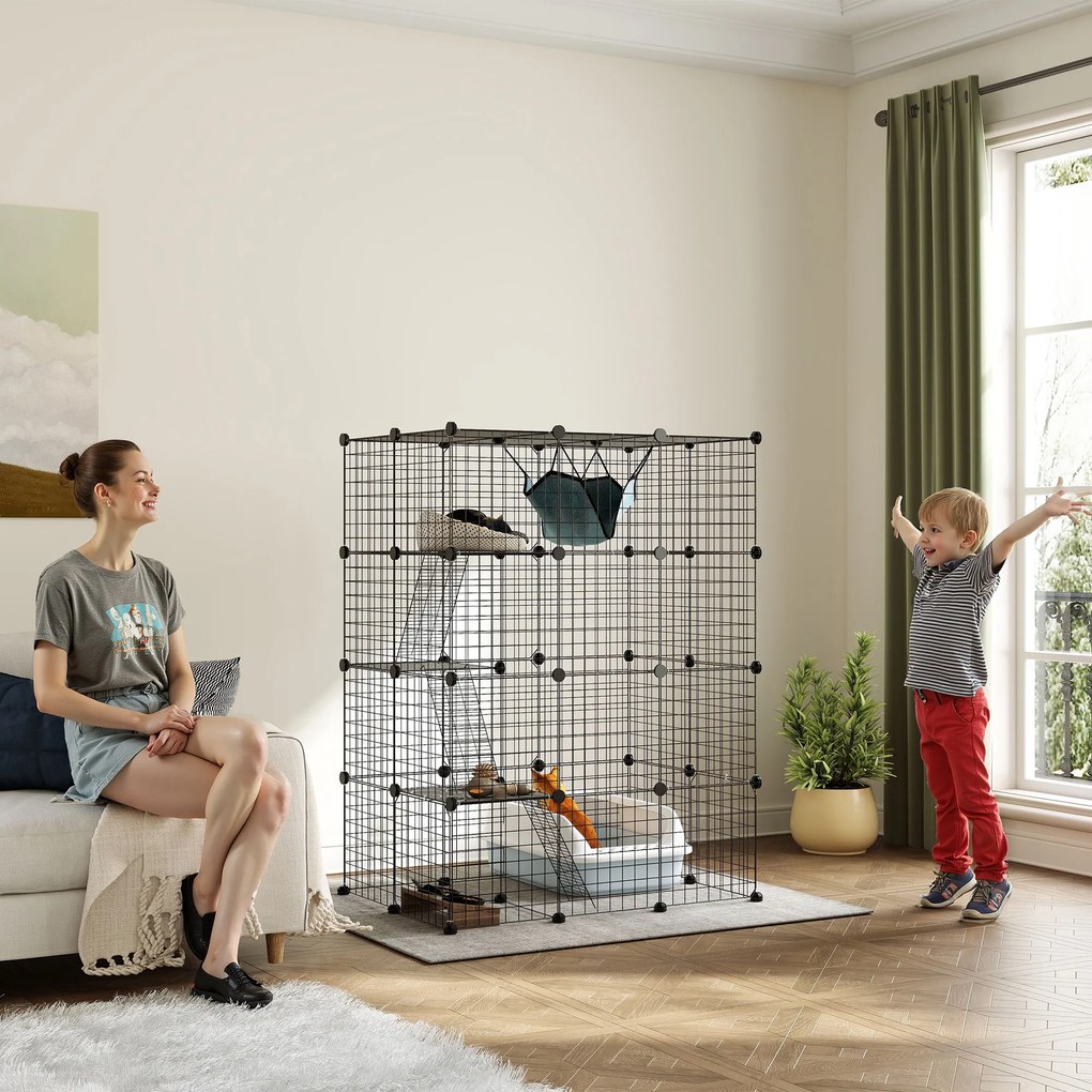 Gaiola Interior para Gatos, 105 x 70 x 140 cm, 4 Níveis Modulares, Preto