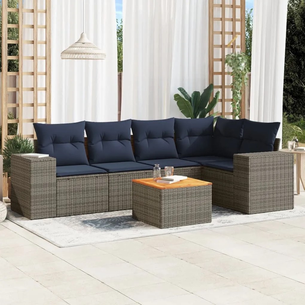 vidaXL 6 pcs conjunto sofás p/ jardim c/ almofadões vime PE cinzento