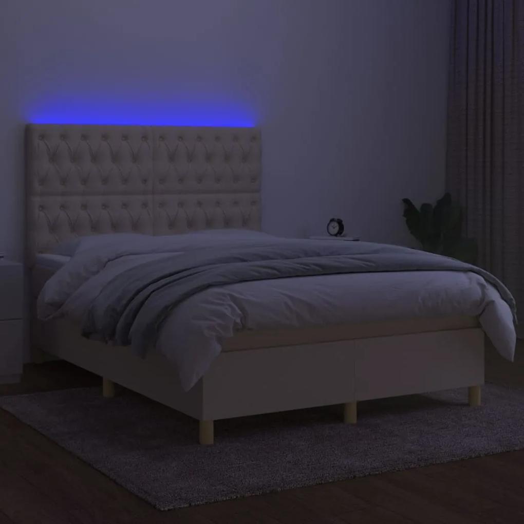 Cama box spring c/ colchão e LED 140x190 cm tecido cor creme