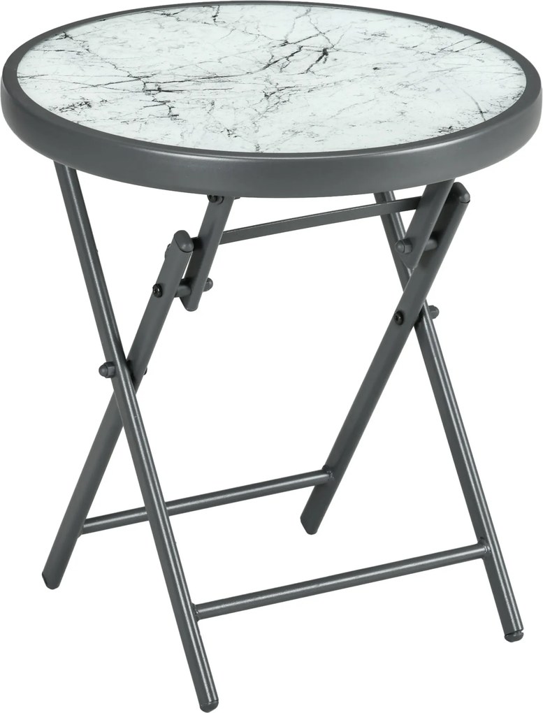 Outsunny Mesa de centro dobrável mesa de apoio dobrável tampo efeito mármore em vidro temperado estrutura em metal redonda Ø45 x 50 cm branco | Aosom Portugal