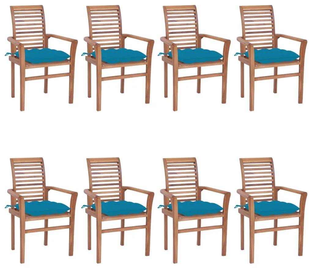 Cadeiras de jantar 8 pcs c/ almofadões azul-claro teca maciça