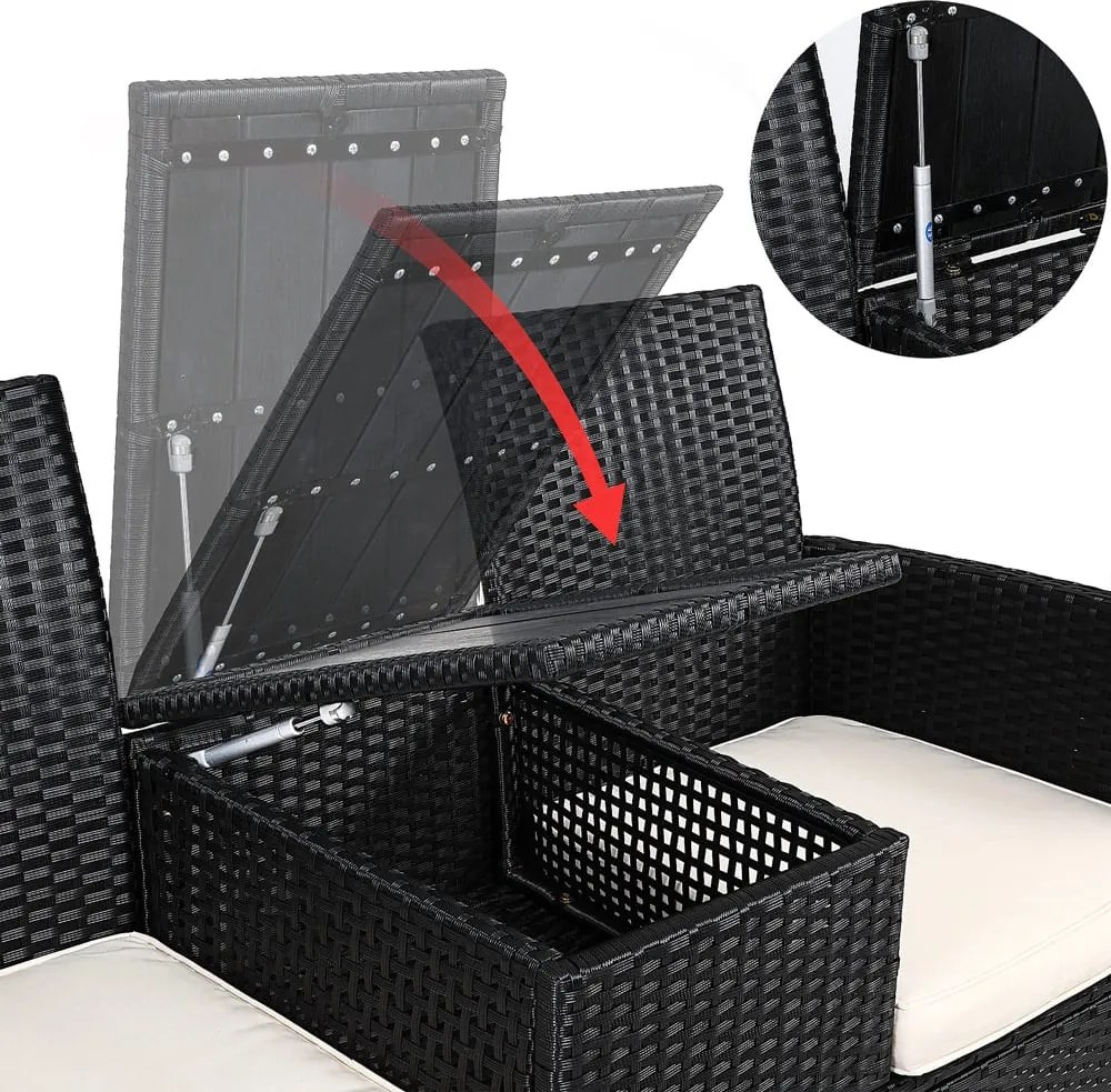 Banco de 2 lugares com mesa integrada em polirrattan 143 x 64 x 87 cm Preto