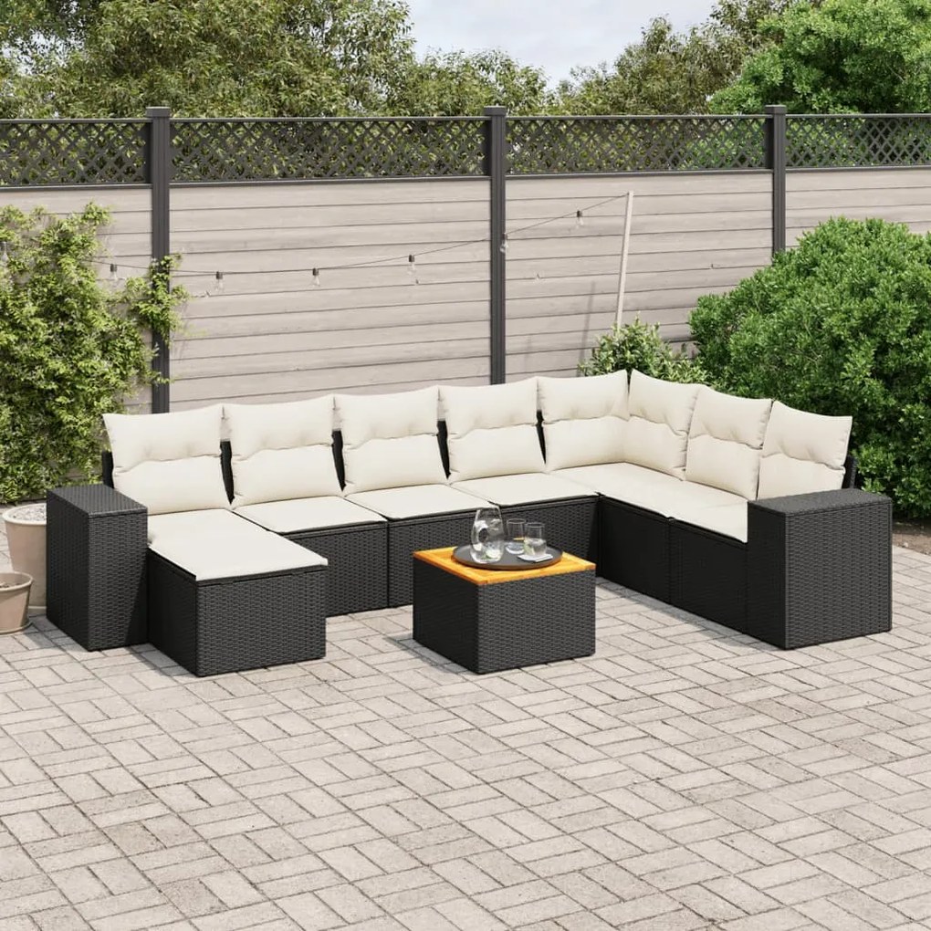 9 pcs conjunto de sofás p/ jardim c/ almofadões vime PE preto