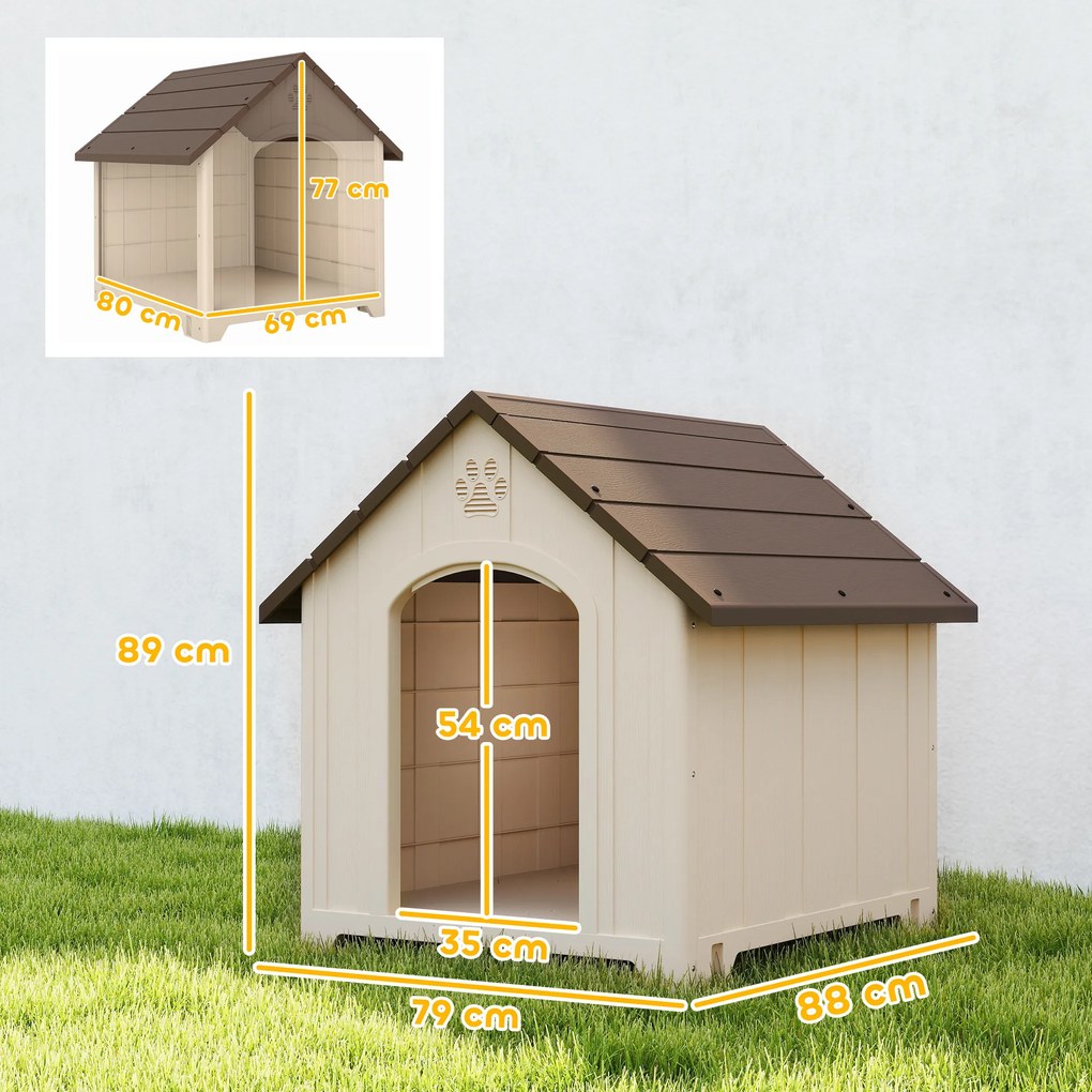 Casota para Cães de Exterior Casa para Cães Grandes de Plástico com 2 Janelas Base Elevada Estacas Bege