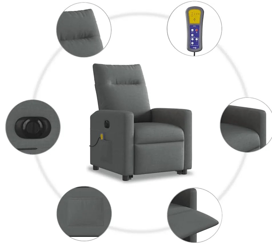 Poltrona elétrica elevatória massagens tecido cinzento-escuro
