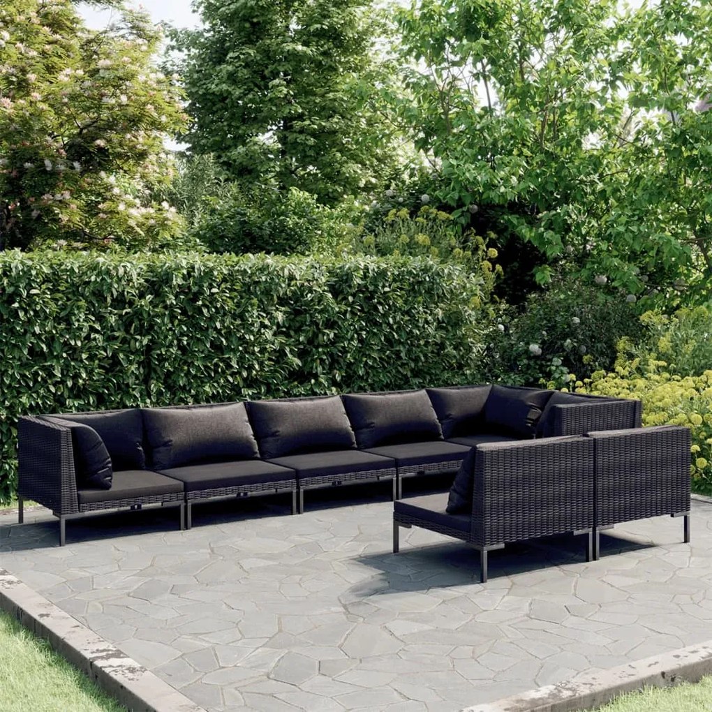vidaXL 8 pcs conj. lounge jardim c/ almofadões vime PE cinzento-escuro