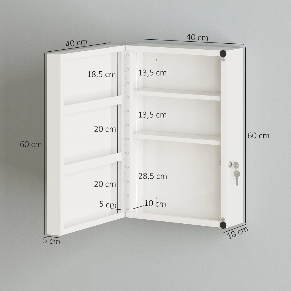 Armário de Medicamentos de Parede com 6 Compartimentos Fechadura e 2 Chaves para Casa de Banho e Cozinha 40x18x60 cm Branco