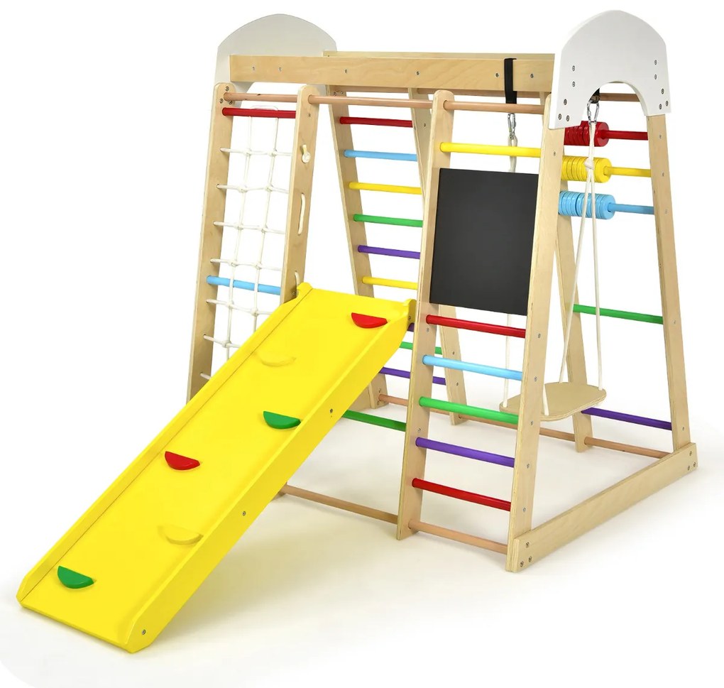 Conjunto de escalada 8 em 1 para crianças Centro de atividades de madeira com rochas de escalada e escada mesa de desenho multicolorida