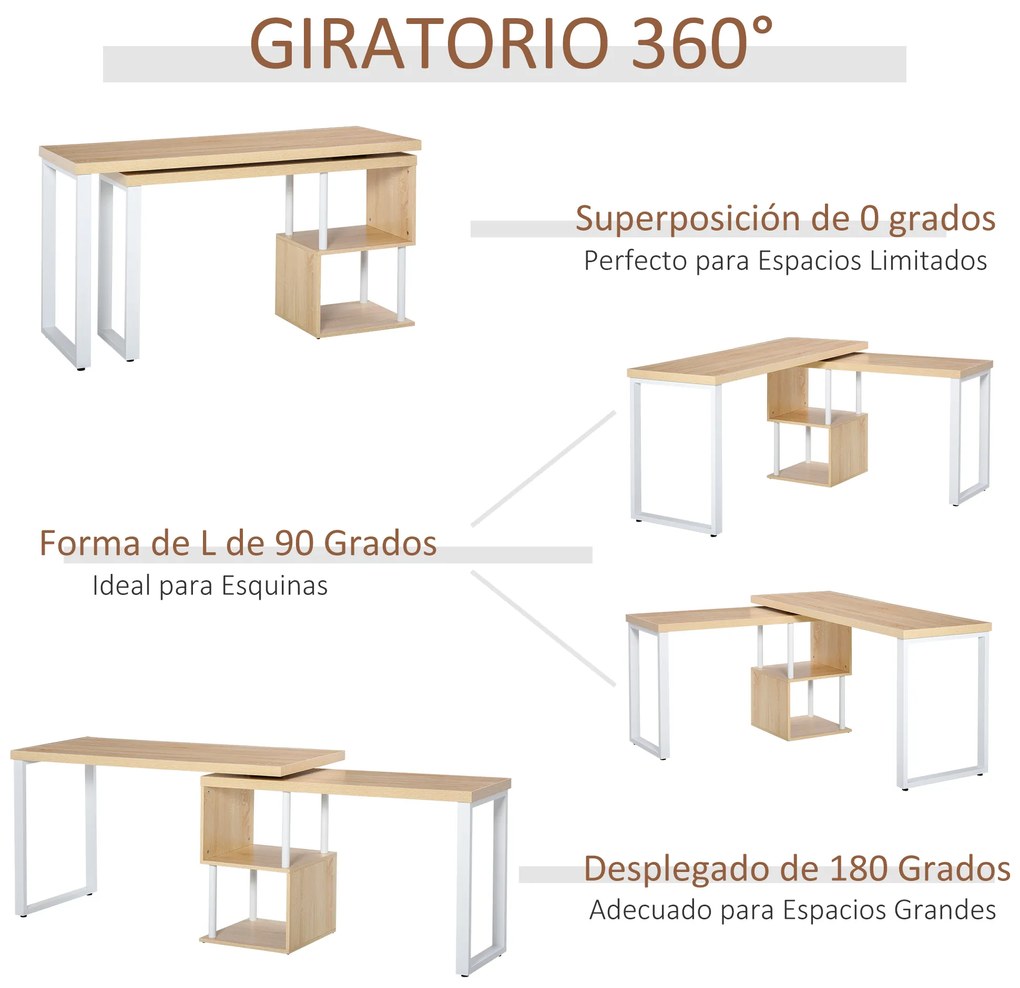 HOMCOM Secretária em forma de L Mesa giratória de 360º para computador várias formas com prateleira de 2 níveis em S Grande espaço de armazenamento 220x55x76 cm Carvalho