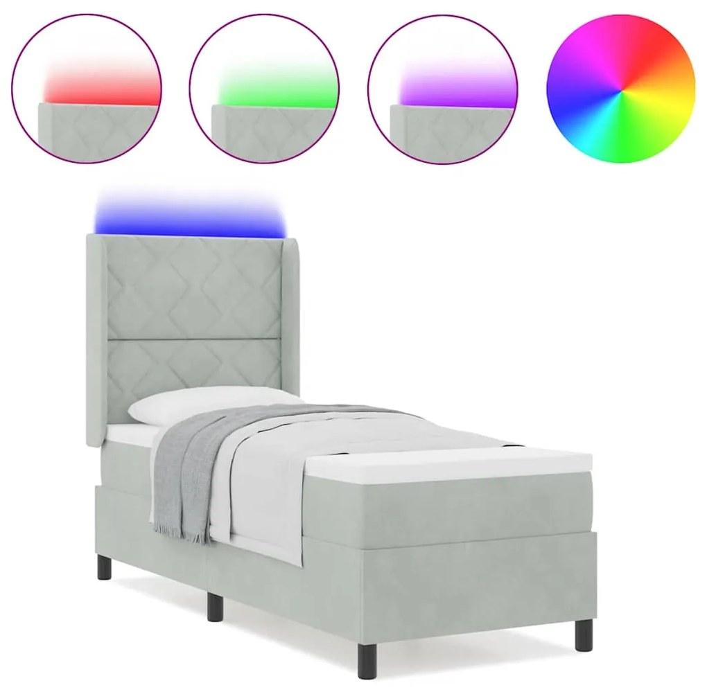 Cama Box com Colchão &amp; Luz LED Cinza Claro 80x200 cm Veludo