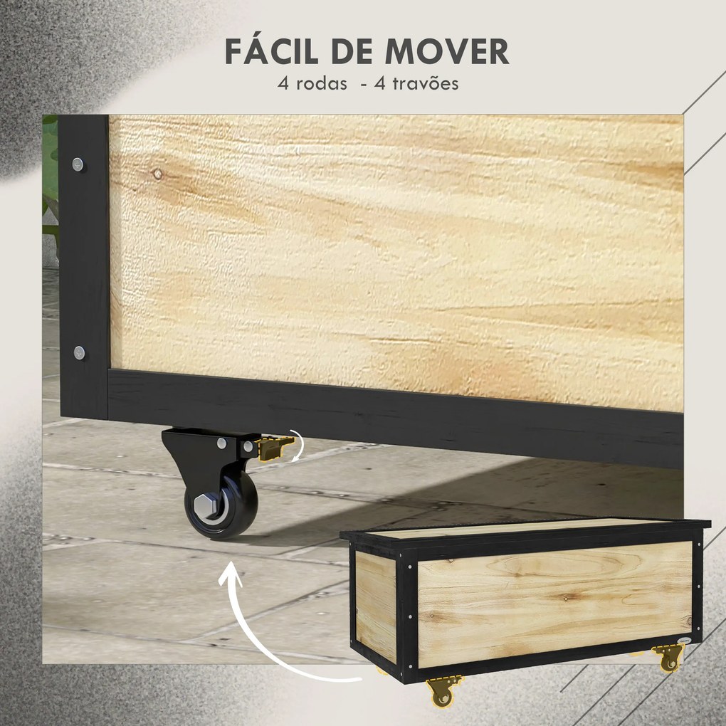 Baú de Exterior 121 L Baú de Armazenamento em Madeira com 4 Rodas para Jardim Pátio Varanda 100x50x43 cm Natural e Preto