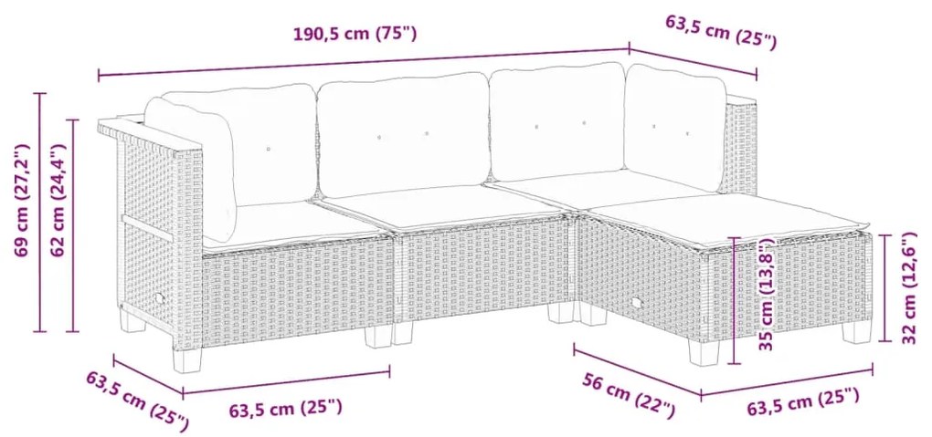 4 pcs conjunto de sofás para jardim c/ almofadões vime PE preto