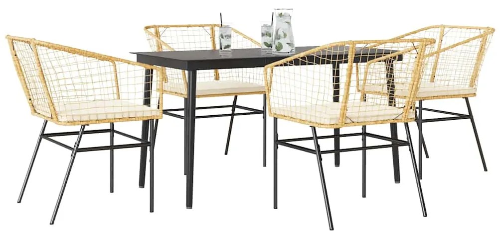 vidaXL Conjunto jantar jardim 5 peças almofadas vidro vime PE castanho