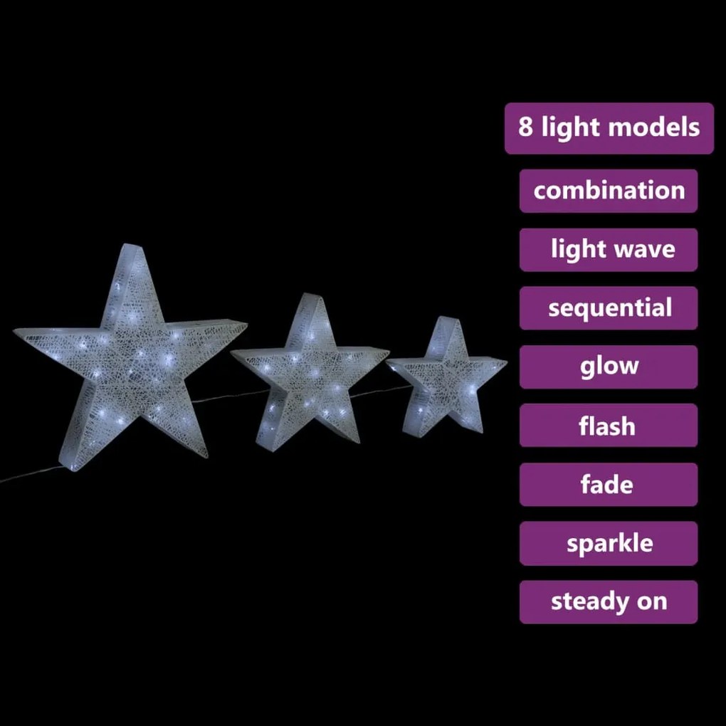 Estrelas de Natal com luzes LED 3 pcs ext./int. arame branco