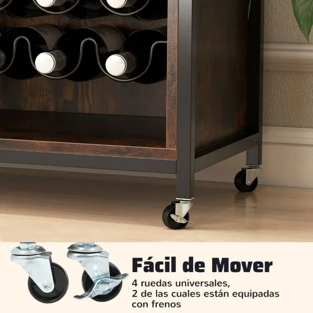 Garrafeira para Vinhos 108 x 40 x 81 cm com Luz LED de Cozinha com Prateleiras Ajustáveis Suportes para Copos e Garrafas Móvel Castanho