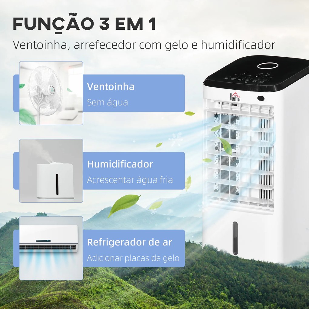 HOMCOM Climatizador Refrigerador de Ar Portátil 3,5 L 3 em 1 Climatizador Humidificador Ventoinha 65W Ecrã LED Controlo Remoto Temporizador Oscilação 3 Velocidades 3 Modos 24,5x27x60 cm Branco
