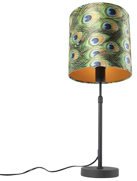 Candeeiro de mesa preto com abajur de veludo verde-pavão com dourado 25cm - Parte Clássico / Antigo