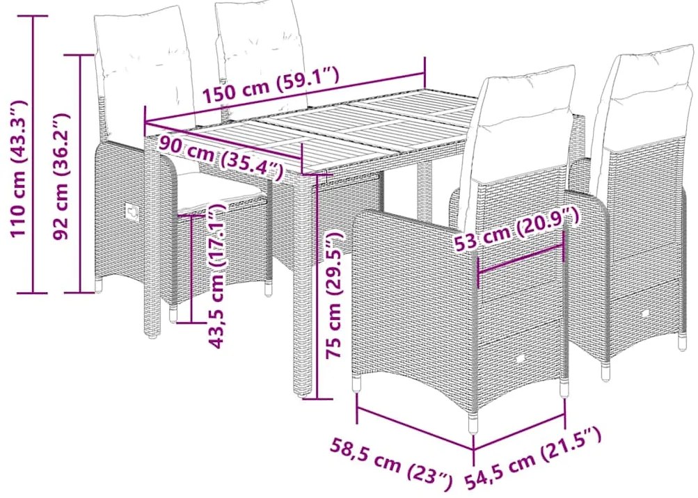 5 pcs conjunto de bistrô para jardim c/ almofadões vime PE bege