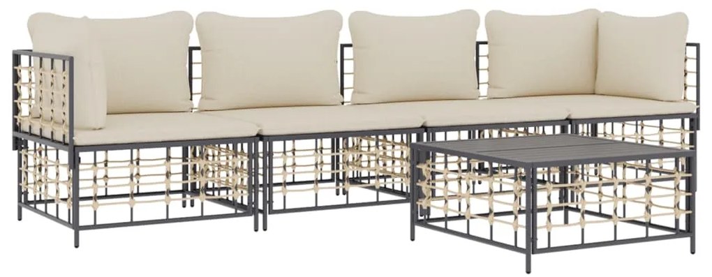 5 pcs conjunto lounge de jardim c/ almofadões vime PE antracite