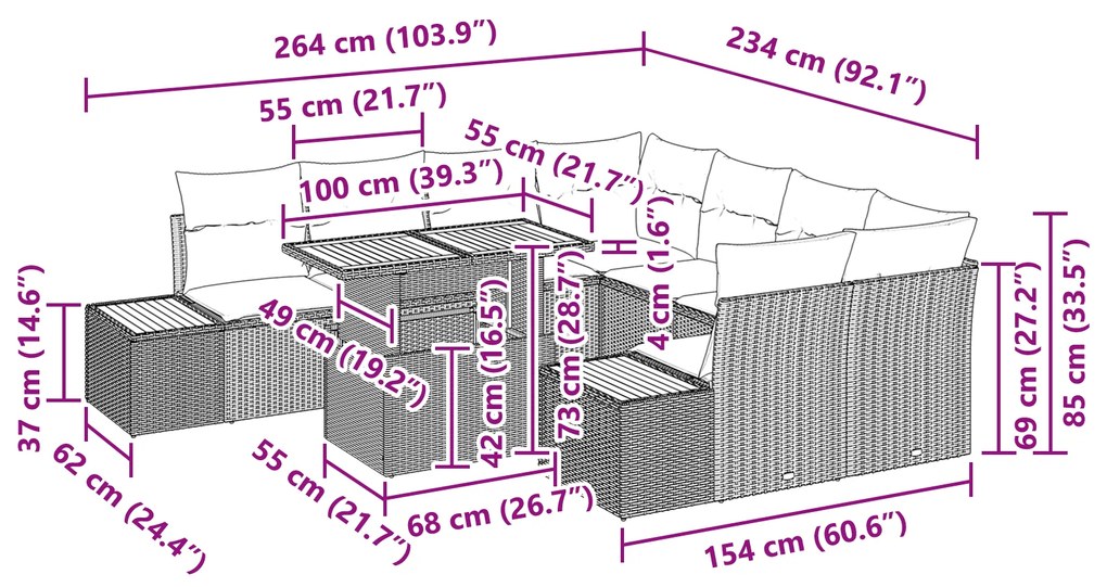 Conjunto de Jantar de Jardim com 9 Peças e Almofadas Cinza em Rattan S