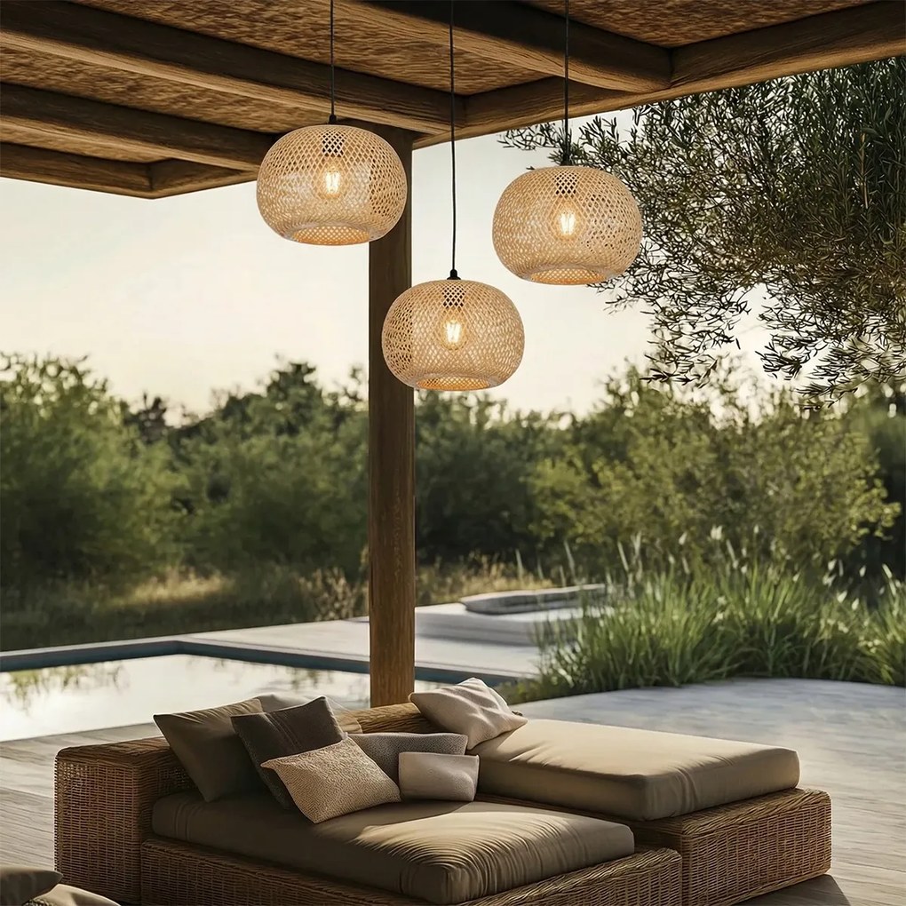 Candeeiro Suspenso Oriental de Exterior em Bambu 3 Luzes IP44 - Rafael