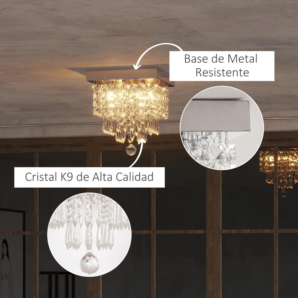 HOMCOM Candeeiro de Teto de Cristal K9 Moderna com 4 Suporte para Lâmpadas G9 e Base de Aço Inoxidável Candeeiro de Aranha para Sala de Jantar Dormitório Sala de Estar Ø25x29cm Prata