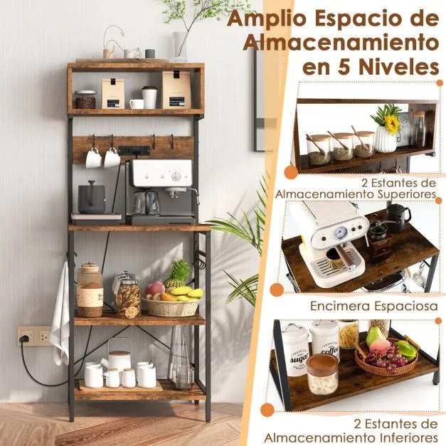 Estante de cozinha com encaixe micro-ondas Com 2 tomadas com prateleiras abertas Ganchos 60 x 42 x 153 cm Castanho