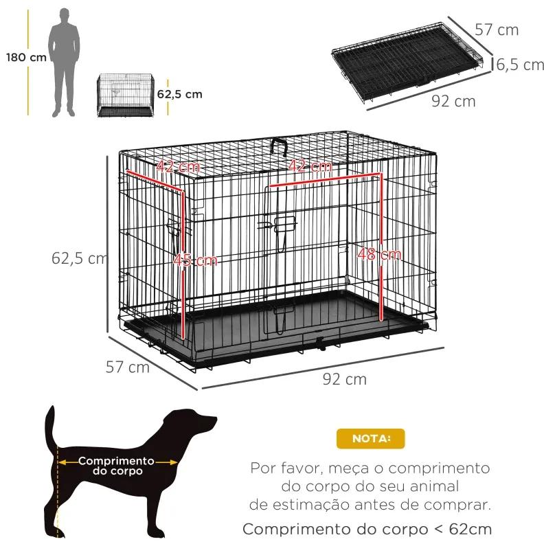Gaiola para Cães com 2 Portas Gaiola para Animais de Estimação Dobrável com Alça de Transporte Aço 92x57x62,5cm Preto