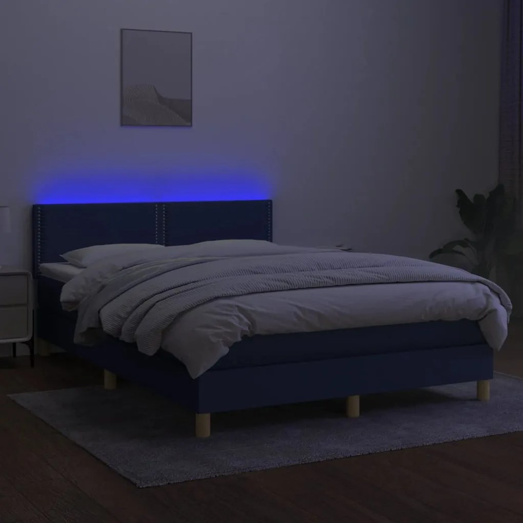 Cama box spring c/ colchão e LED 140x200 cm tecido azul