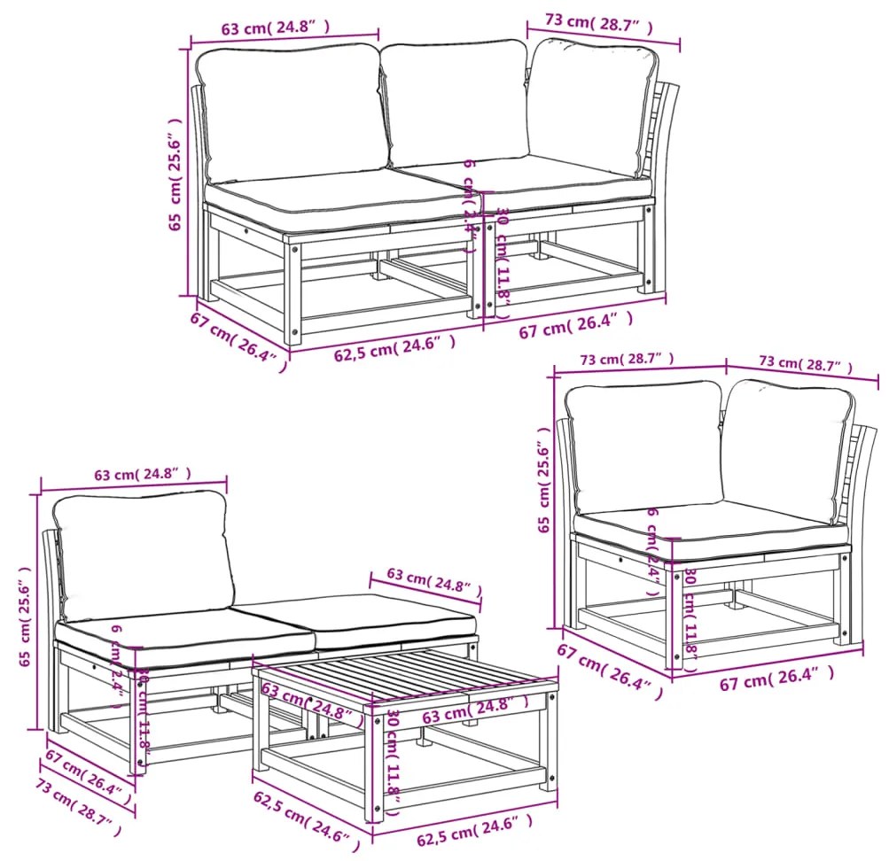 6 pcs conjunto lounge jardim c/almofadões madeira maciça acácia