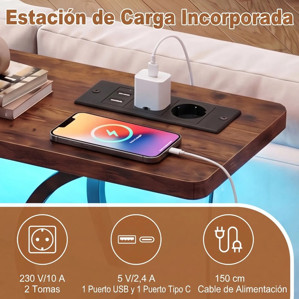 Mesa consola com luzes LED e estação de carregamento 79,5 x 30,5 x 81,5 cm, 3 níveis, estantes abertas, kit anti-tombamento, estrutura metálica, para