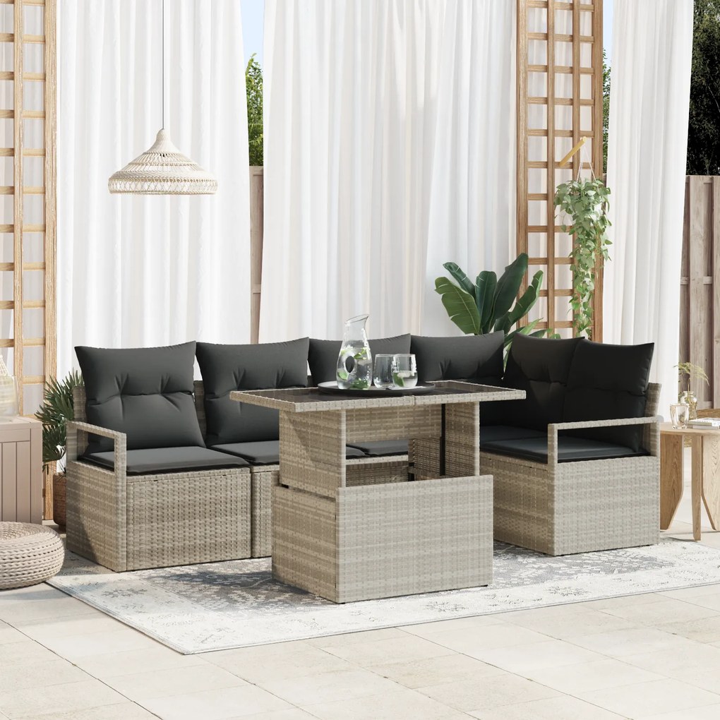 Conjunto de Sofá de Jardim de 6 Peças com Almofadas Rattan Cinza Claro