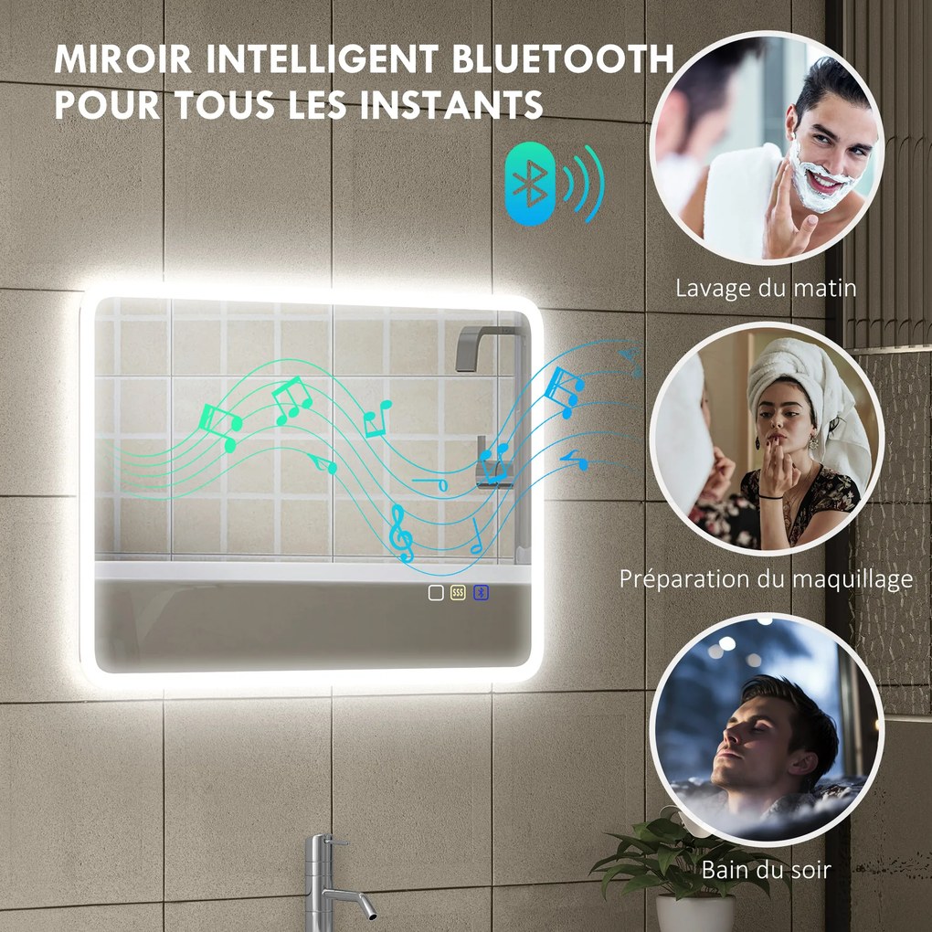 Espelho de casa de banho LED com Bluetooth, 50 x 70 cm, interruptor tátil, iluminação regulável, 3 cores, anti-embaciamento, memória, prateado