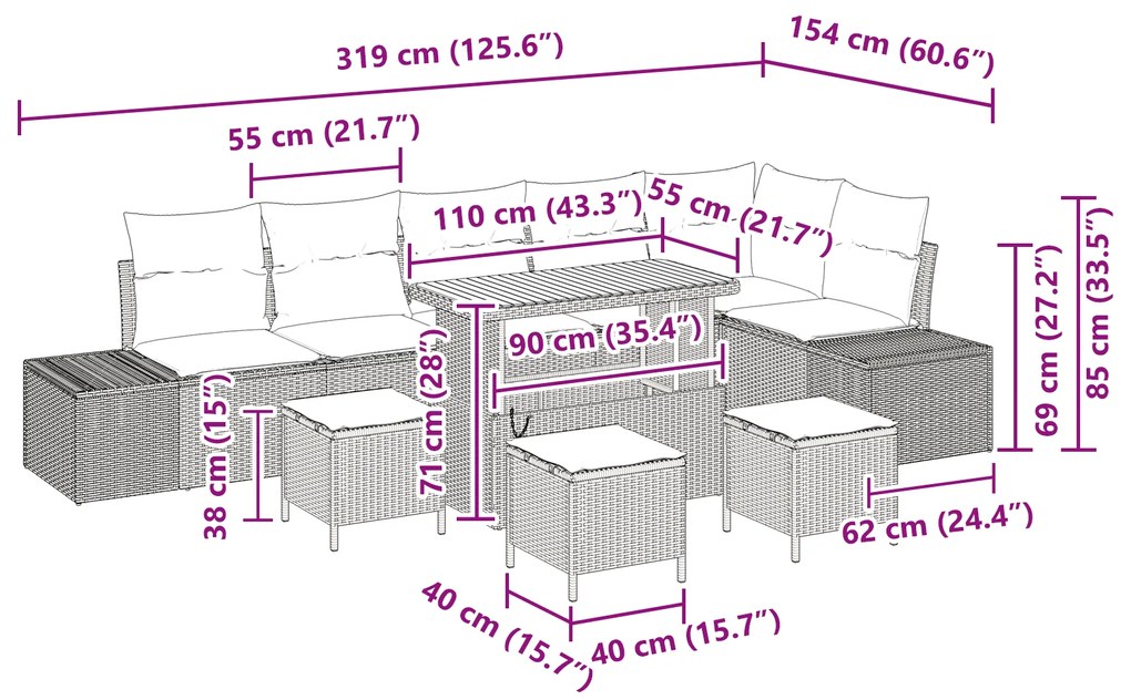 Conjunto de Sofá de Jardim vidaXL 10 Peças com Almofadas Bege Rattan S