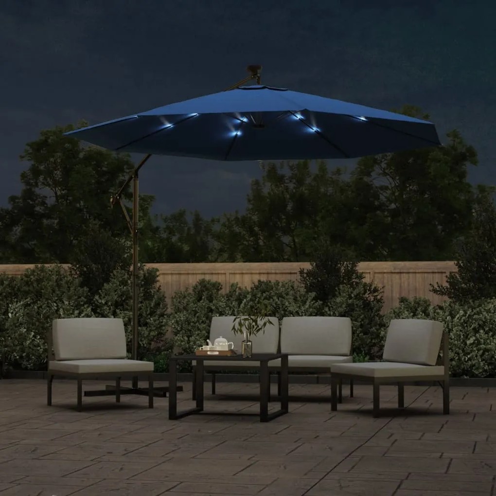 Guarda-sol cantilever c/ luzes LED/poste aço 300 cm azul-ciano