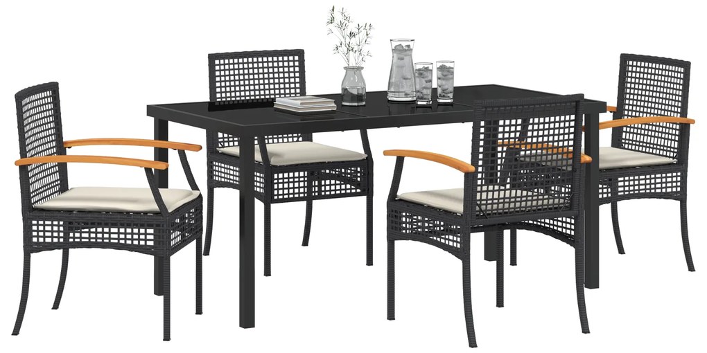 Conjunto de Jantar de Jardim com 5 Peças e Almofadas Preto Vime PE