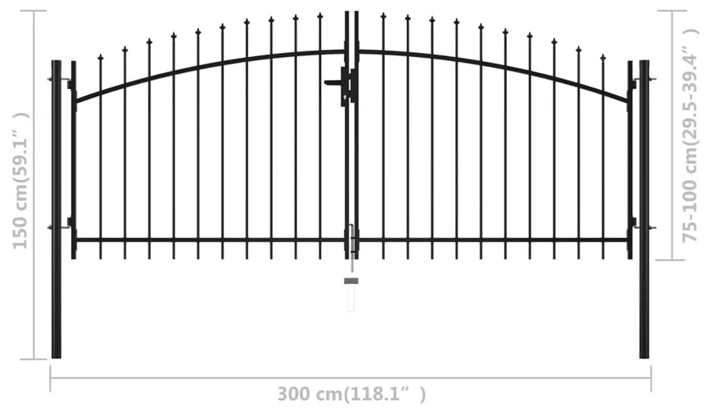 Portão de cerca com porta dupla e topo em lanças 300x150 cm