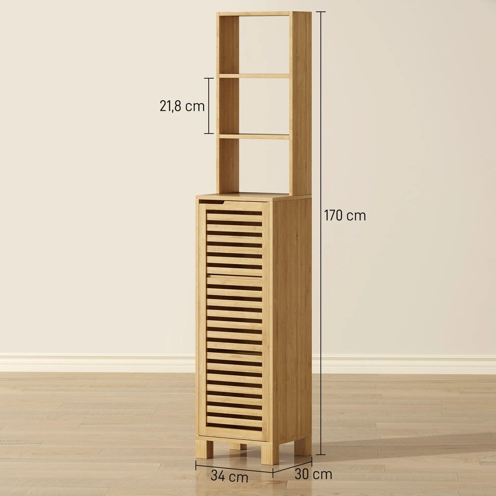 Coluna Casa de Banho de Bambu com 3 Prateleiras Abertas Portas de Ripas Prateleiras Ajustáveis 34x30x170 cm Madeira