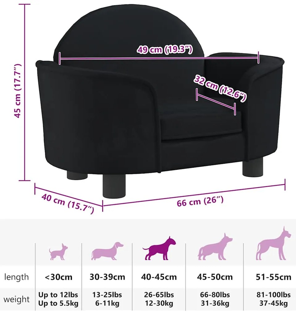 Cama para cães 66x40x45 cm veludo preto
