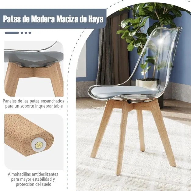 Conjunto de 4 cadeiras de jantar (MESA NÃO INCLUIDA) modernas sem braços com encosto Pernas em madeira de faia Almofada macia cinzenta e cadeiras tran