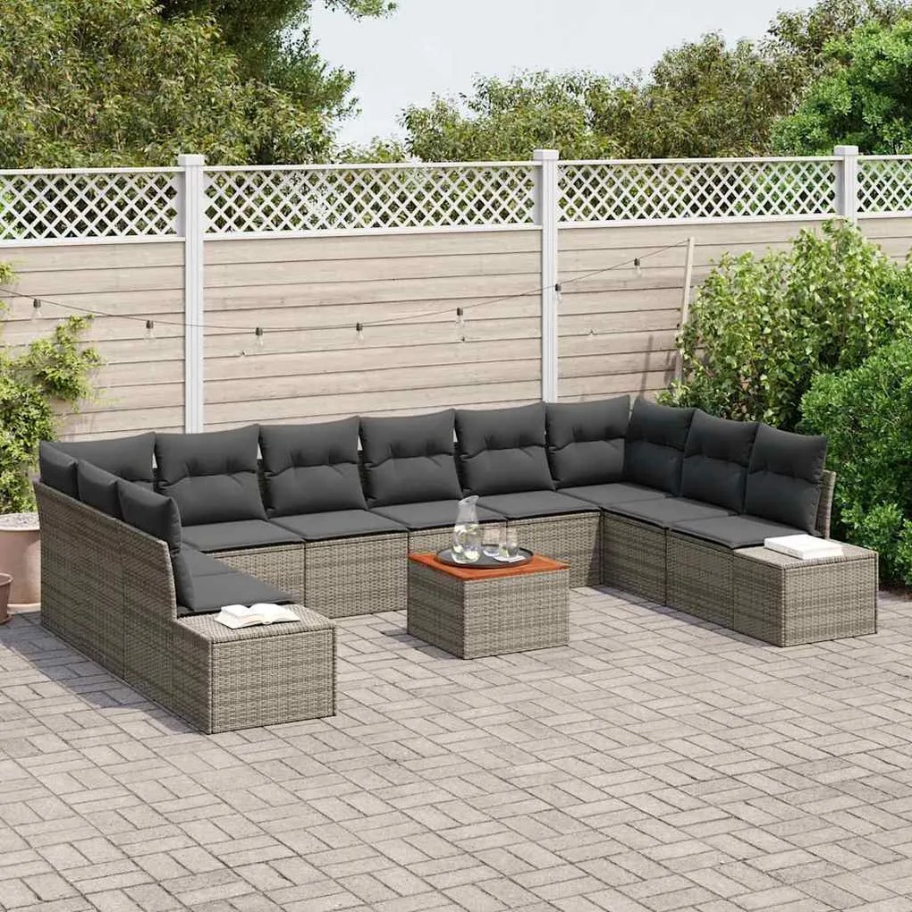 Conjunto de Sofá de Jardim 11 pcs Cinzeto Vime &amp; Poliéster