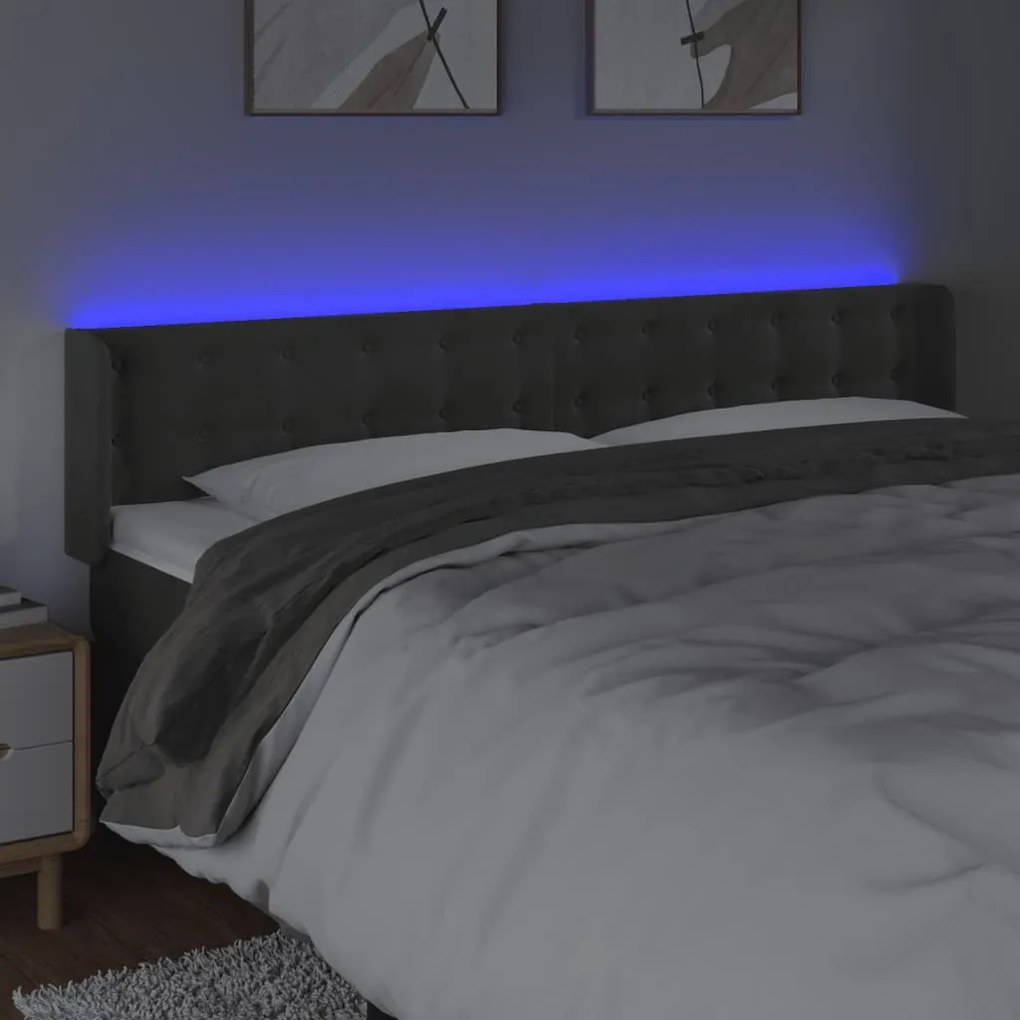 Cabeceira cama c/ luzes LED veludo 203x16x78/88cm cinza-escuro