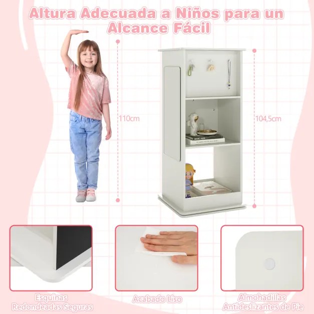 Estante giratória infantil de canto 47 x 47 x 104,5 cm com quadro negro, ganchos e compartimentos abertos Torre organizadora branca