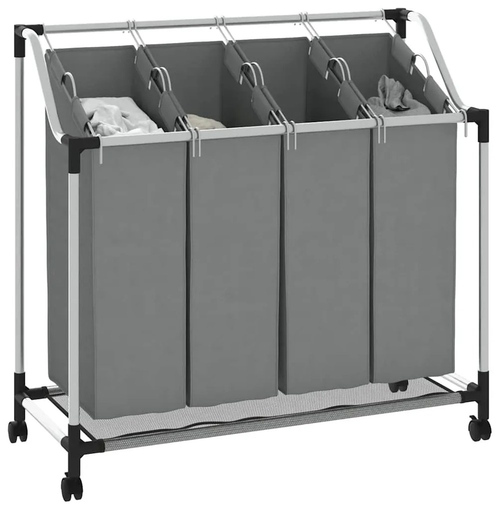 Cesto para roupa suja com rodas 4 compartimentos cinzento